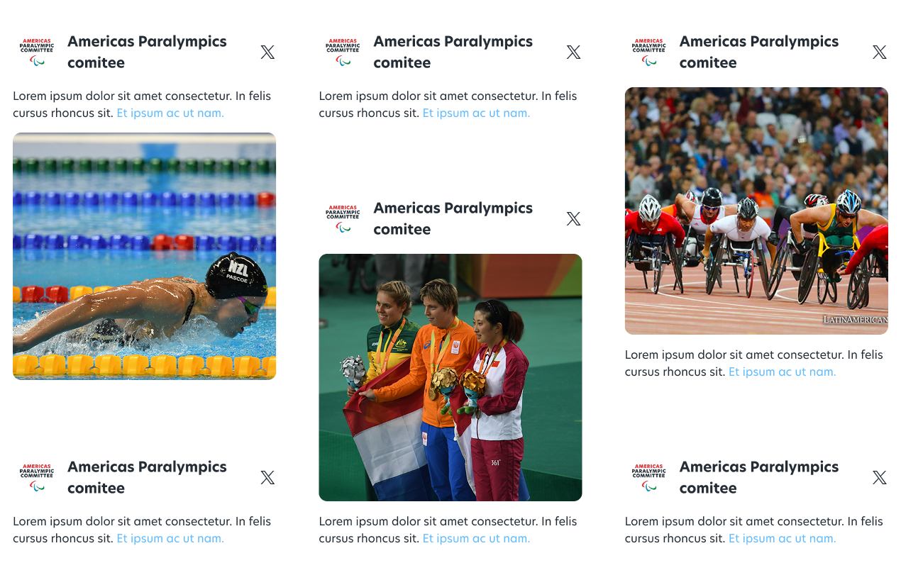 Un collage que muestra a atletas paralímpicos compitiendo en natación, recibiendo medallas y corriendo en silla de ruedas, junto a tarjetas de texto con contenido de marcador de posición para el Comité Paralímpico de las Américas.